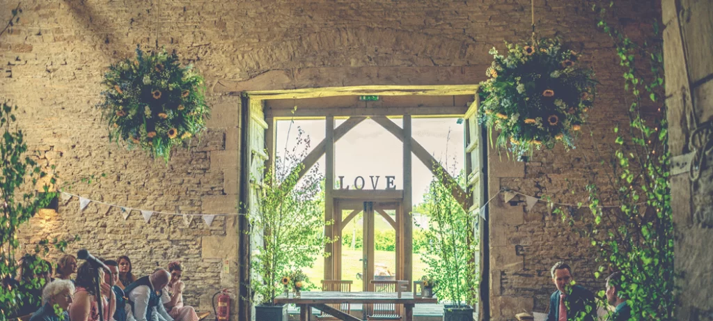 Bohemian sunflower hanging ball display at Stone Barn, Cotswolds