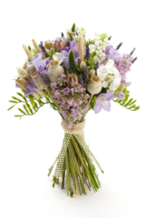 Country garden hand tied including dried wheat, lavender and poppy heads, as showcased in the Wedding Flower Magazine. Floral design by Cotswold Blooms, wedding florist based in Cheltenham.