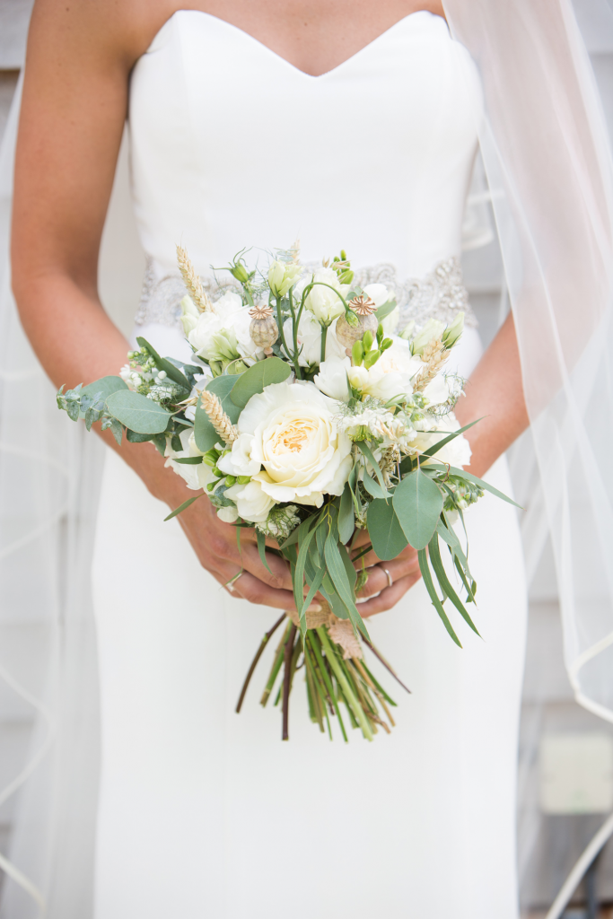 Bridal bouquet featuring David Austin roses and dried crop textures