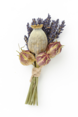 Dried buttonhole using lavender and a poppy head, as showcased in the Wedding Flower Magazine. Floral design by Cotswold Blooms, wedding florist based in Cheltenham.