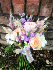 Pastel bouquet including Roses, Stocks, Veronica and Wheat. Floral design by Cotswold Blooms, wedding florist based in Cheltenham.