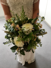 Country garden hand tied bouquet including Dahlia, Stocks and Eustoma. Floral design by Cotswold Blooms, wedding florist based in Cheltenham.