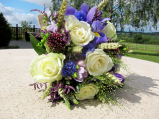 White Roses, with purple Iris and burgundy Allium.  Floral design by Cotswold Blooms, wedding florist based in Cheltenham.