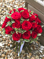 Red Rose and variegated Pittosporum bouquet. Floral design by Cotswold Blooms, wedding florist based in Cheltenham.