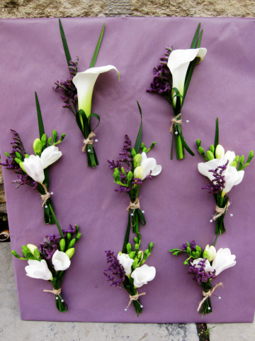 Calla Lily with purple Limonium and grass detail. Floral design by Cotswold Blooms, wedding florist based in Cheltenham.