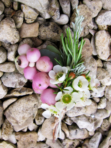 Snow Berry with Waxflower and Rosemary. Floral design by Cotswold Blooms, wedding florist based in Cheltenham.