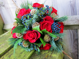 Red and blue bouquet with Pine and seed pods. Floral design by Cotswold Blooms, wedding florist based in Cheltenham.