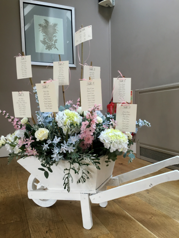 Wheel barrow table planner filled with Hydrangea, Delphinium and Roses. Floral design by Cotswold Blooms, wedding florist based in Cheltenham.
