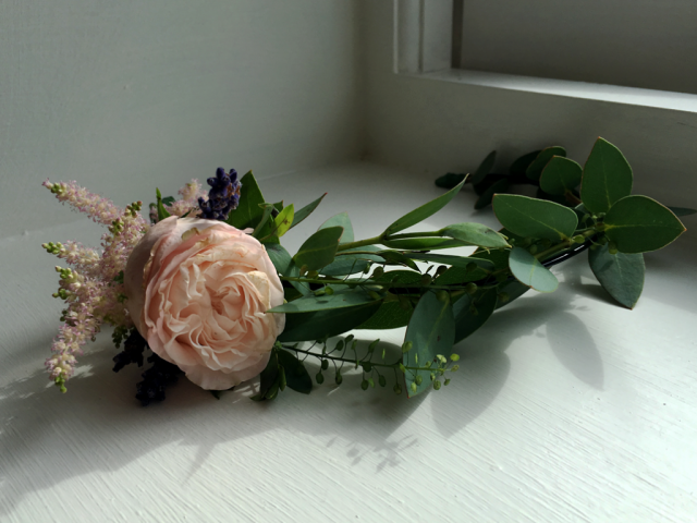 Flower crown with Spray Rose, Astilbe and mixed foliage. Floral design by Cotswold Blooms, wedding florist based in Cheltenham.