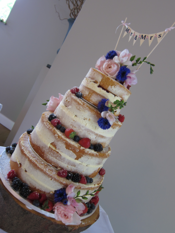 Semi naked cake with light pink and blue flowers in small groupings. Floral design by Cotswold Blooms, wedding florist based in Cheltenham.