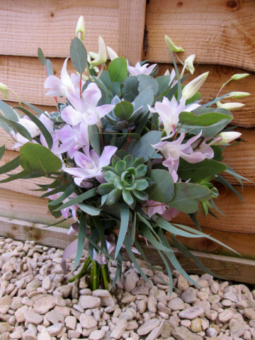 Dendrobium Orchid, mixed foliage and Succulent bouquet. Floral design by Cotswold Blooms, wedding florist based in Cheltenham.