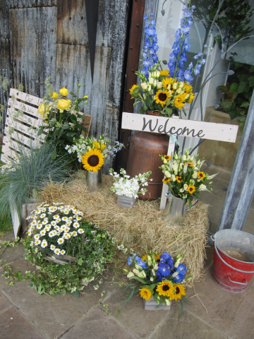 Welcome display including Sunflower, blue Delphinium, plants and grasses at Cripps Stone Barn. Floral design by Cotswold Blooms, wedding florist based in Cheltenham.