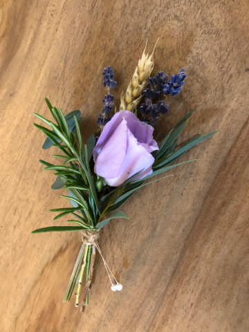 Lilac Eustoma and Lavender with mixed foliage. Floral design by Cotswold Blooms, wedding florist based in Cheltenham.