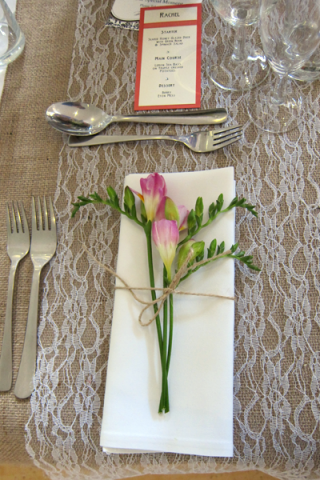Freesia napkin display. Floral design by Cotswold Blooms, wedding florist based in Cheltenham.