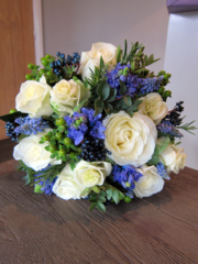 Blue and white wedding bouquet. Floral design by Cotswold Blooms, wedding florist based in Cheltenham.