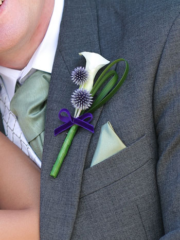 Calla Lily and Echinops thistle buttonhole. Floral design by Cotswold Blooms, wedding florist based in Cheltenham.