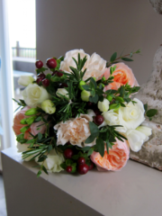 Peach and white with Berry and Rosemary. Floral design by Cotswold Blooms, wedding florist based in Cheltenham.