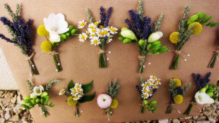 Mixed bright buttonholes. Floral design by Cotswold Blooms, wedding florist based in Cheltenham.