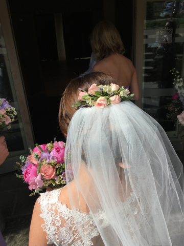 Spray Rose with Waxflower and Lavender hair flowers. Floral design by Cotswold Blooms, wedding florist based in Cheltenham.