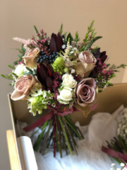 Burgundy, dusky pink and blue berries with Heather, Veronica and Safari. Floral design by Cotswold Blooms, wedding florist based in Cheltenham.