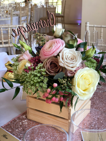 Crate display with Champagne tones. Floral design by Cotswold Blooms, wedding florist based in Cheltenham.