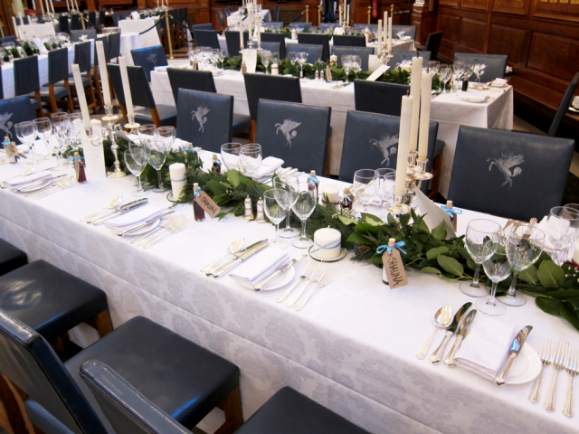 Foliage table runners with a touch of Gypsophila at the Inner Temple, London. Floral design by Cotswold Blooms, wedding florist based in Cheltenham.