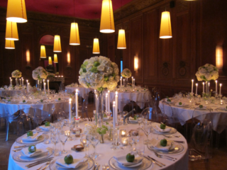 Apples, Hydrangea and Rose table display at Cowley Manor. Floral design by Cotswold Blooms, wedding florist based in Cheltenham.