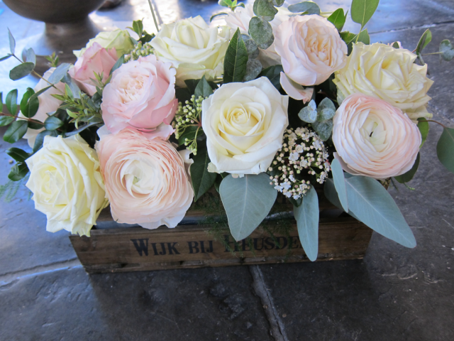 Ranunculus and Roses in light pinks and whites, with Eucalyptus. Floral design by Cotswold Blooms, wedding florist based in Cheltenham.
