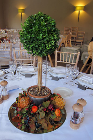 A lollipop bay tree with an autumnal floral display. Floral design by Cotswold Blooms, wedding florist based in Cheltenham.