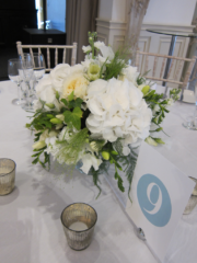 Raised bowl in crisp white and green at Manor by the Lake. Floral design by Cotswold Blooms, wedding florist based in Cheltenham.