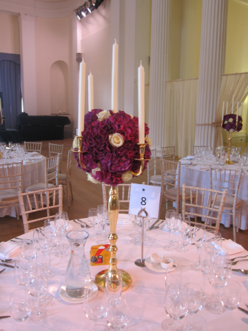 Gold candelabra with Hydrangea and Rose flower balls at Pittville Pump Rooms. Floral design by Cotswold Blooms, wedding florist based in Cheltenham.
