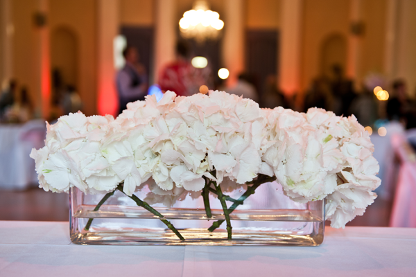 Hydrangea table centre. Floral design by Cotswold Blooms, wedding florist based in Cheltenham.