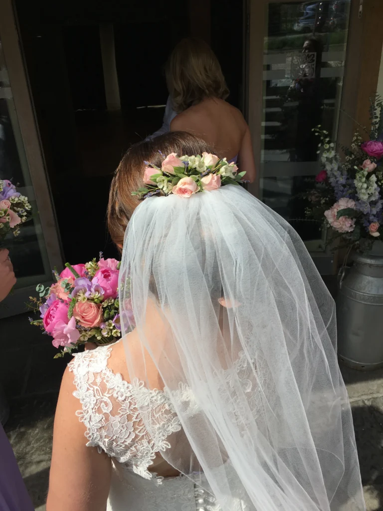 Spray rose with waxflower and lavender hair flowers