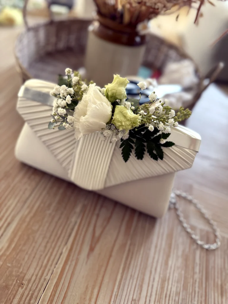 Wedding handbag floral arrangement with fresh flowers