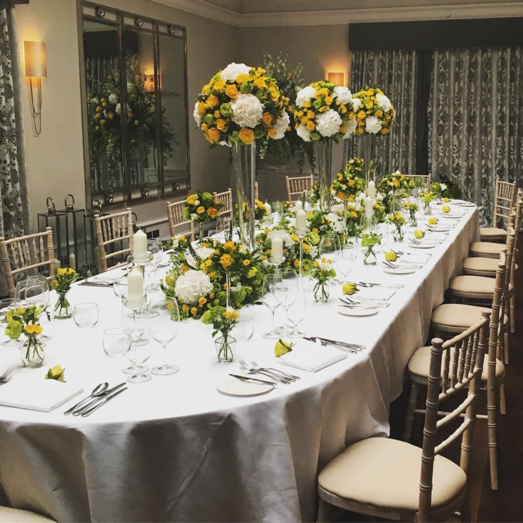 White hydrangea and yellow rose floral arrangements for an intimate wedding at Foxhill Manor, Cotswolds