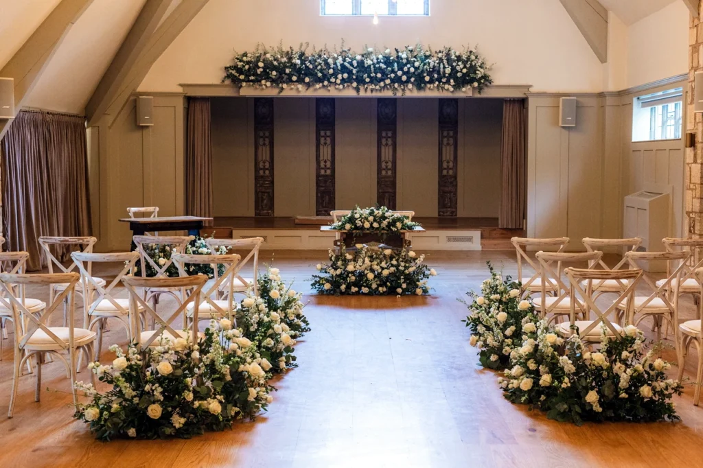 Rustic meadow floral styling for a wedding at The Frog Mill venue
