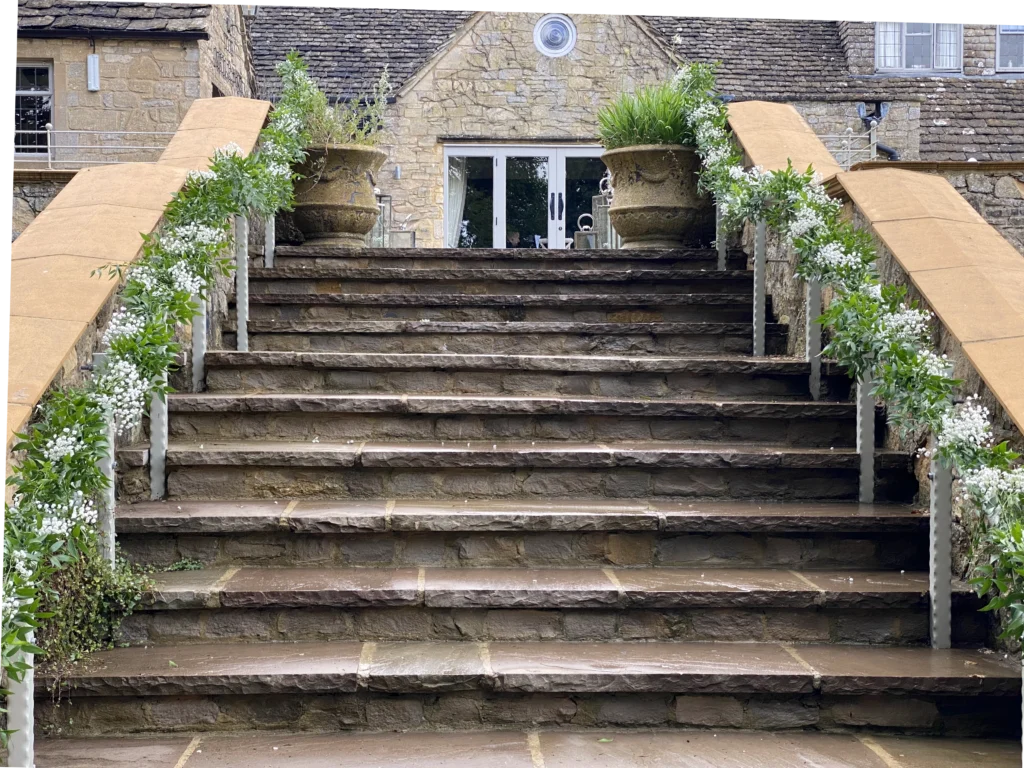 Gypsophila and foliage staircase display at The Frogmill, Cheltenham