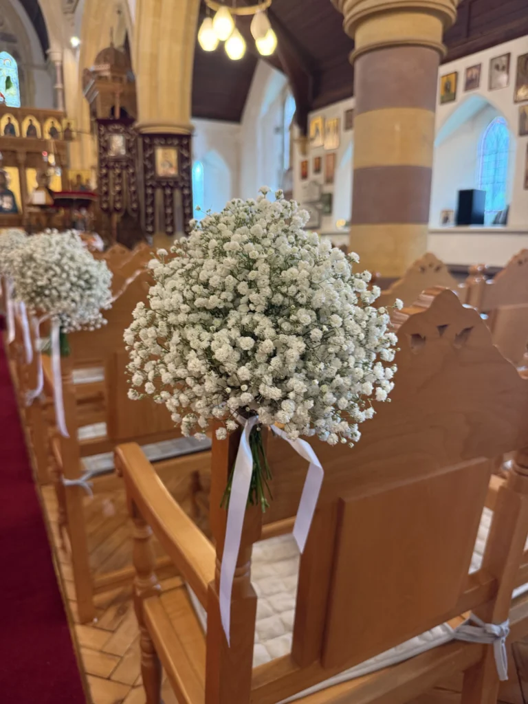 Aisle marker featuring gypsophila
