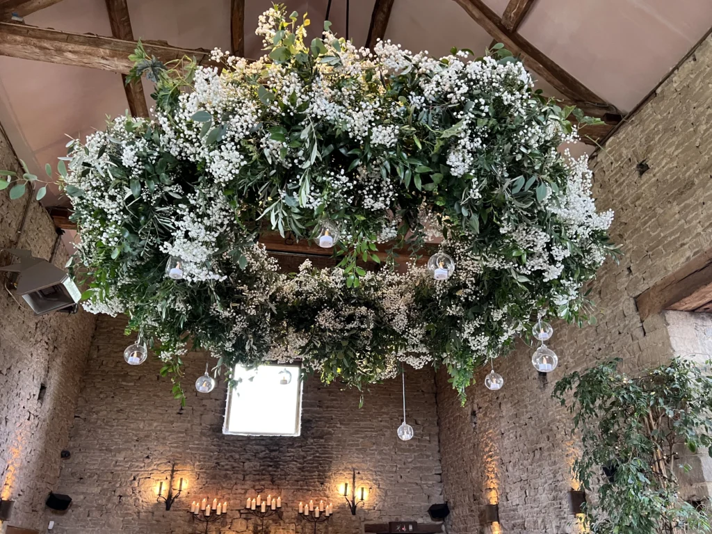 Cripps Barn floral halo featuring gypsophila and greenery