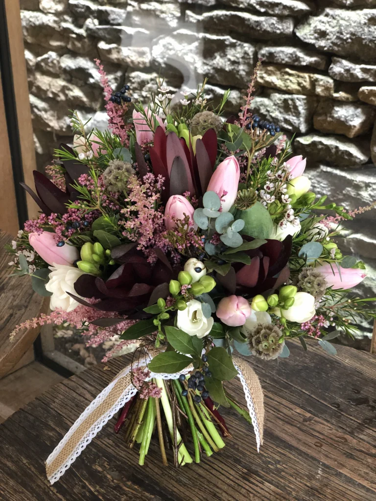 Autumnal hand tied bouquet with Tulips and texture
