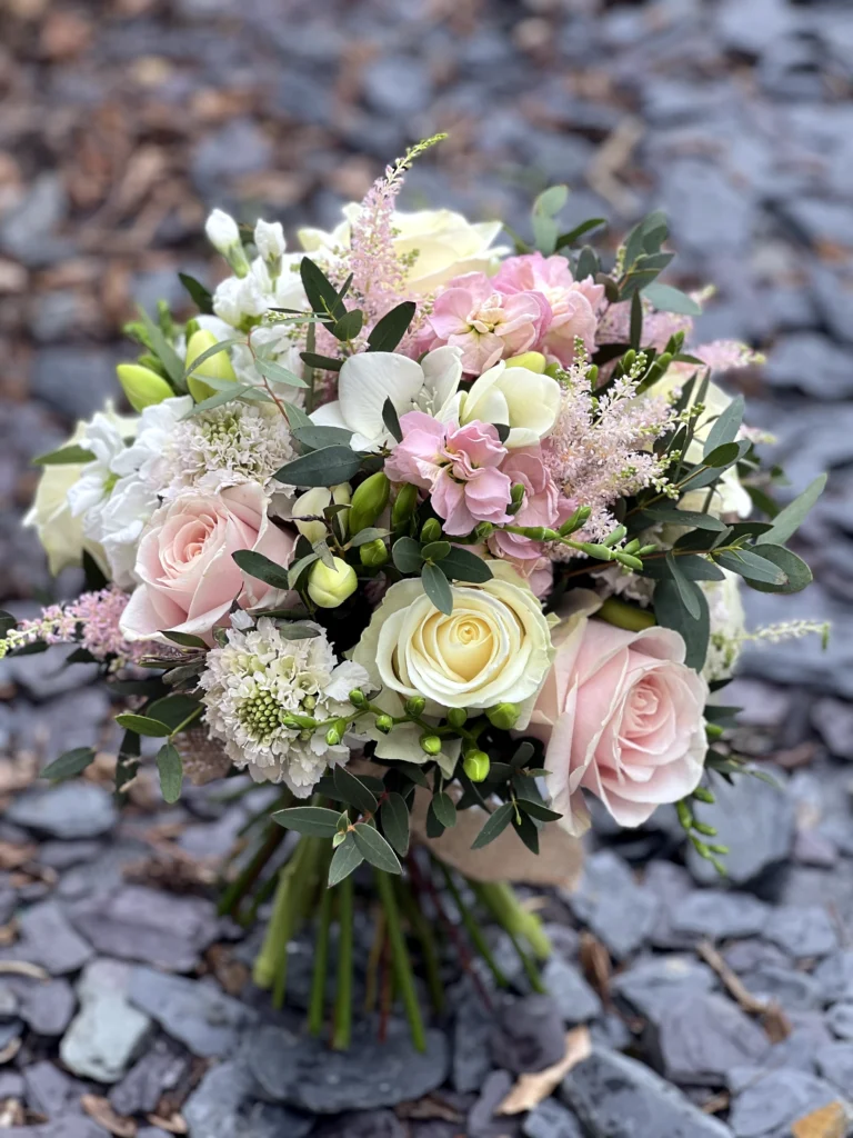 Light pink and white, with roses and astilbe at Kingscote Barn