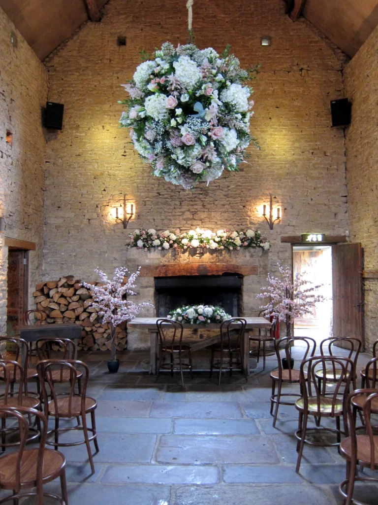 Cripps Barn wedding flowers hanging installation