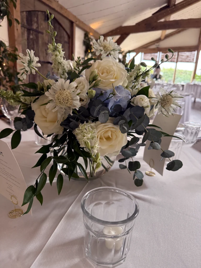 Wedding table flowers Cripps Barn Bibury