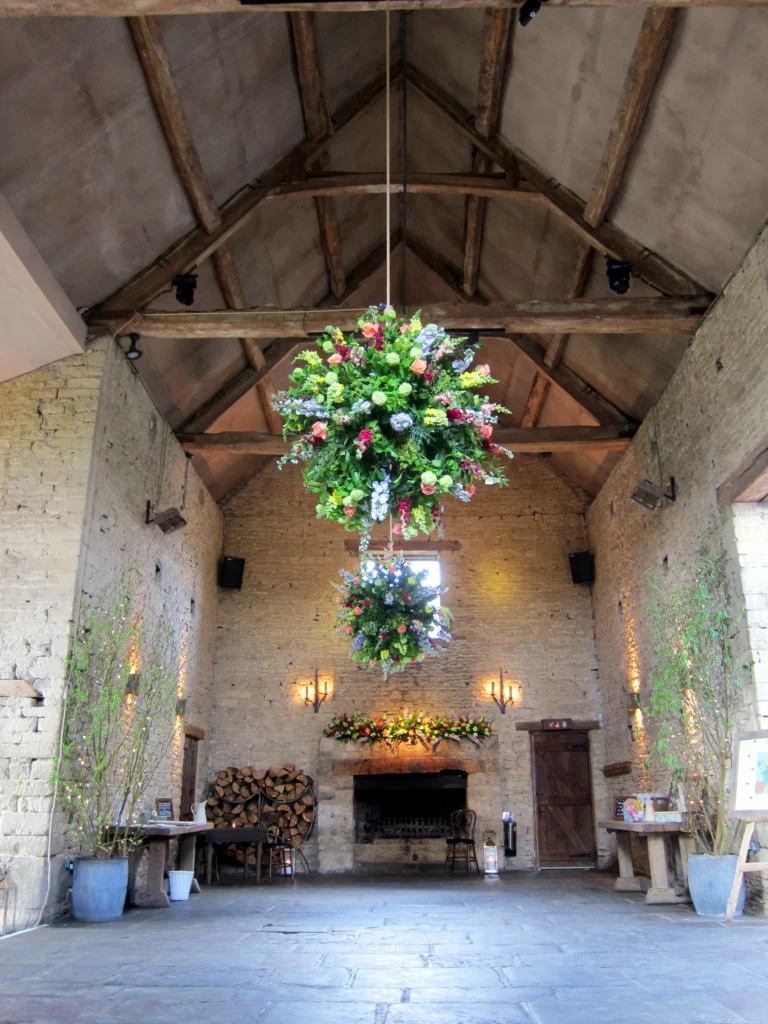 Cripps Barn wedding flowers hanging installation