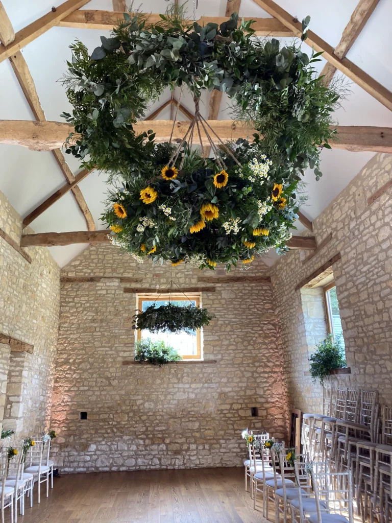 Seasonal wedding flowers Cotswolds barn venue