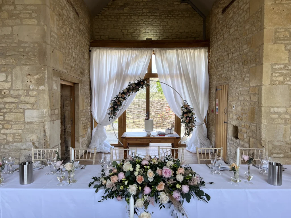 Barn at Upcote wedding flowers by Cotswold Blooms