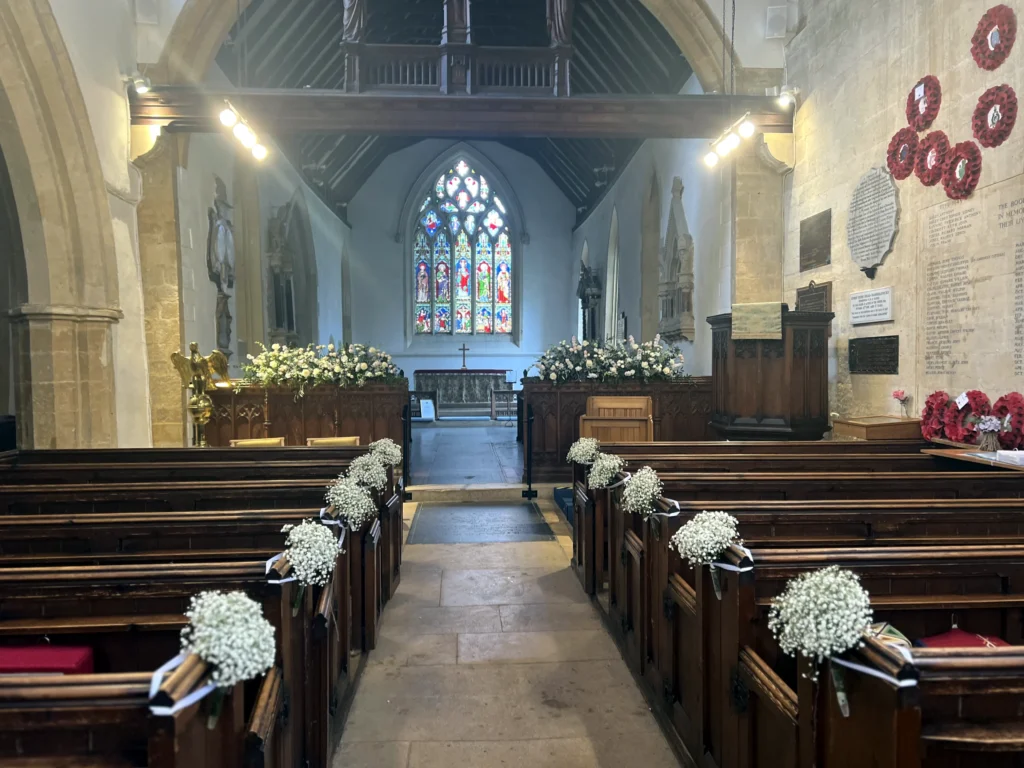 St Edward's Church dressed with gypsophila pew ends and front floral displays