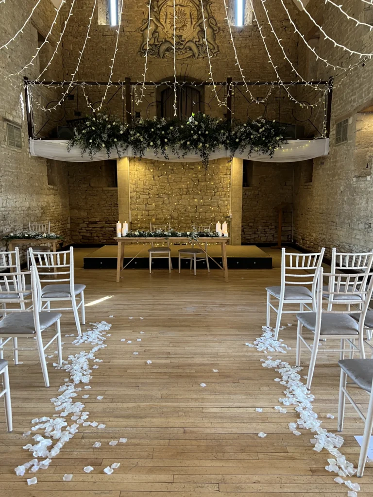 Luxury wedding flowers at Great Tythe Barn Tetbury by Cotswold Blooms