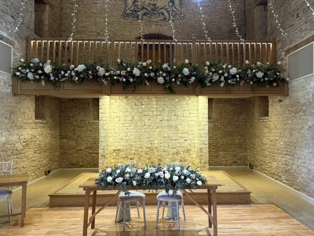 Floral installation Great Tythe Barn wedding Cotswold Blooms