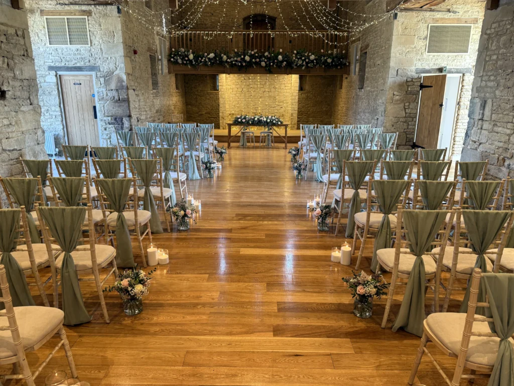 Ceremony floral styling Great Tythe Barn Gloucestershire Cotswold Blooms
